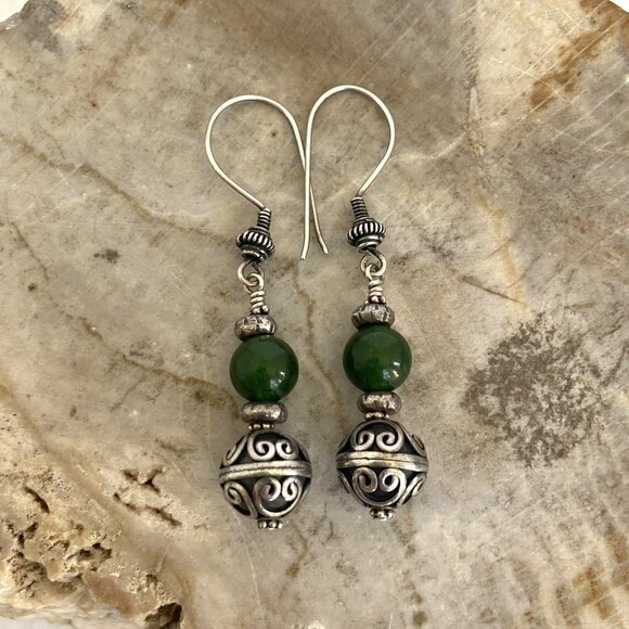 Sterling Silver 925 Round Beaded Nephrite Oxidized Scrollwork Dangle Earrings - Picture 8 of 16